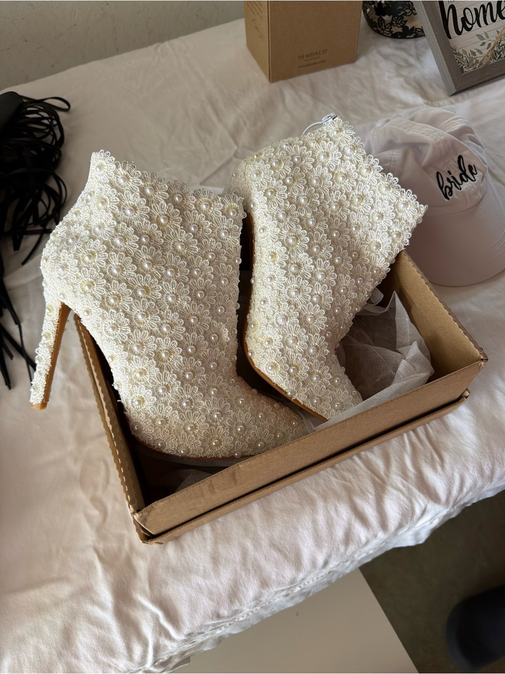 Elegant Pearl & Lace White Bridal Ankle Boots